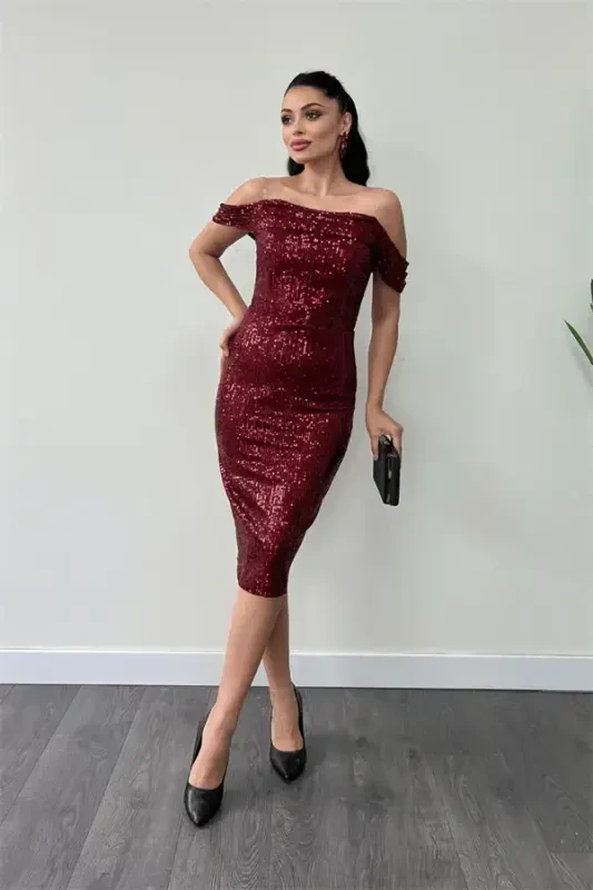 Tulle Sequin Fabric Cowl Neck Pencil Dress - BURGUNDY - 2