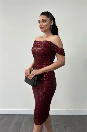 Tulle Sequin Fabric Cowl Neck Pencil Dress - BURGUNDY - 3