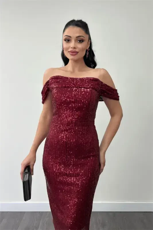 Tulle Sequin Fabric Cowl Neck Pencil Dress - BURGUNDY - 4