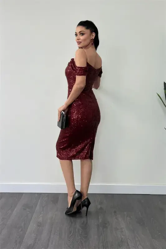 Tulle Sequin Fabric Cowl Neck Pencil Dress - BURGUNDY - 5