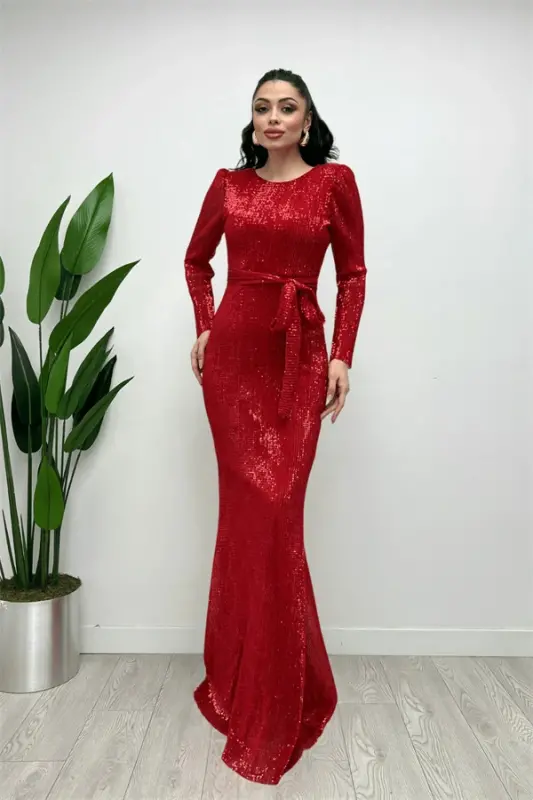 Tulle Sequin Fabric Fishtail Evening Dress - RED - 3