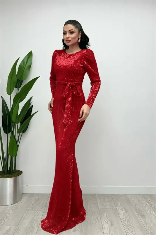 Tulle Sequin Fabric Fishtail Evening Dress - RED - 4