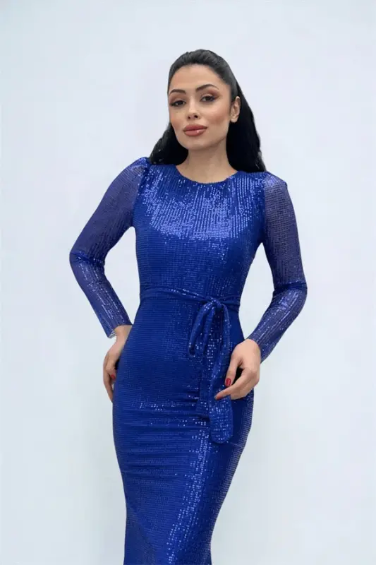 Tulle Sequin Fabric Fishtail Evening Dress - SAXE BLUE - BÜYÜKBEDENIZ