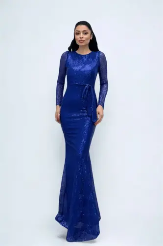 Tulle Sequin Fabric Fishtail Evening Dress - SAXE BLUE - BÜYÜKBEDENIZ (1)