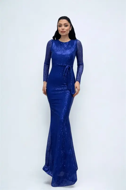 Tulle Sequin Fabric Fishtail Evening Dress - SAXE BLUE - 2