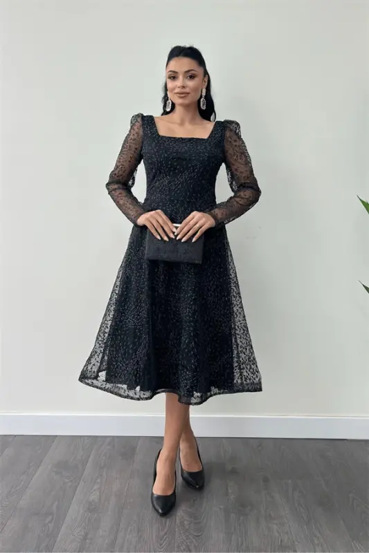 Tulle Sequin Fabric Square Neck Midi Evening Dress - BLACK - BÜYÜKBEDENIZ