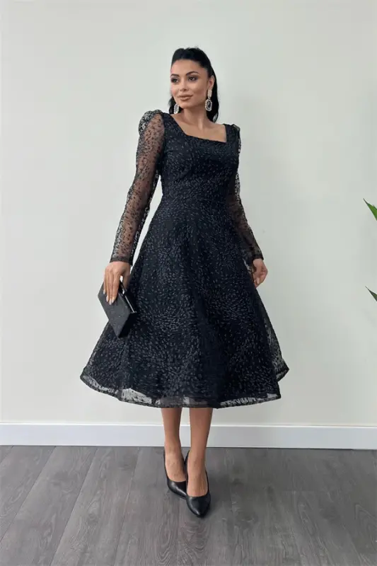 Tulle Sequin Fabric Square Neck Midi Evening Dress - BLACK - 2