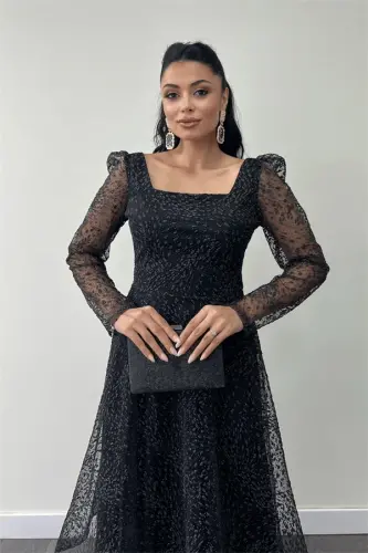 Tulle Sequin Fabric Square Neck Midi Evening Dress - BLACK - 3