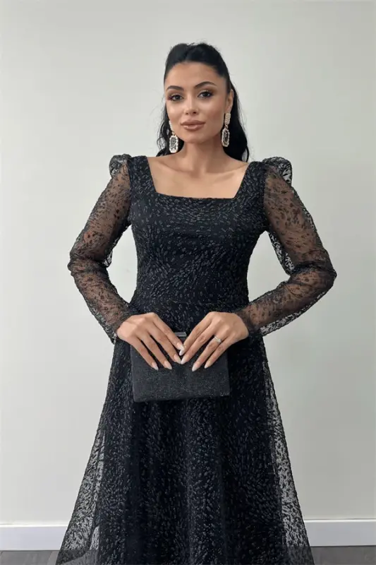 Tulle Sequin Fabric Square Neck Midi Evening Dress - BLACK - 3