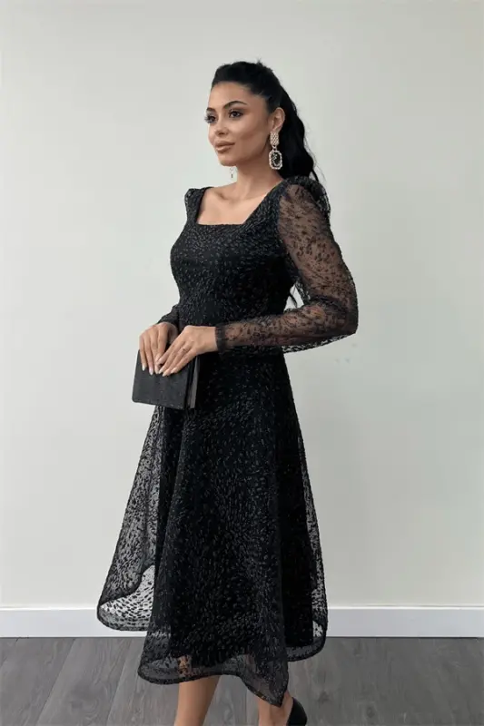 Tulle Sequin Fabric Square Neck Midi Evening Dress - BLACK - 4