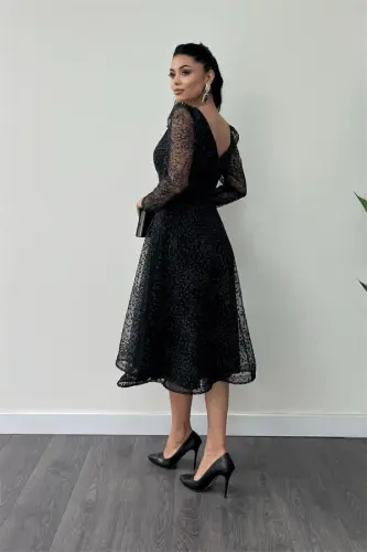 Tulle Sequin Fabric Square Neck Midi Evening Dress - BLACK - 5