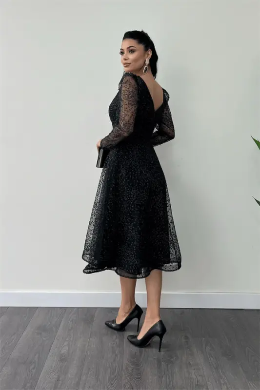 Tulle Sequin Fabric Square Neck Midi Evening Dress - BLACK - 5