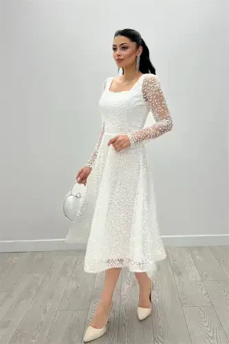 Tulle Sequin Fabric Square Neck Midi Party Dress - WHITE - 3