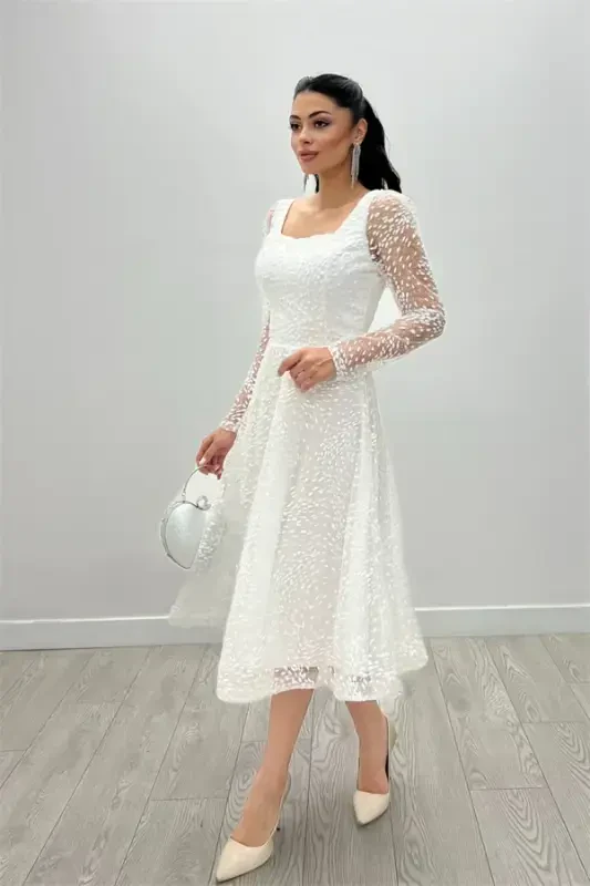 Tulle Sequin Fabric Square Neck Midi Party Dress - WHITE - 3