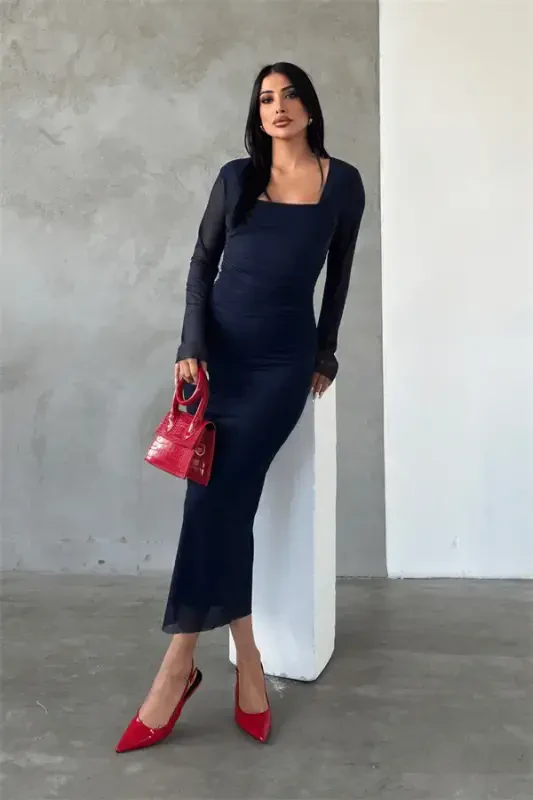 Tulli mato burmali detalli qalam ko'ylak - KO'K - 2