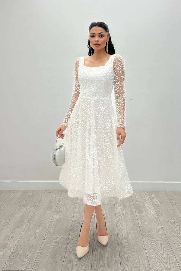 Tulli simli mato kvadrat bo'yin midi abiye ko'ylak - oq - 2