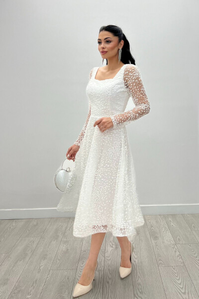 Tulli simli mato kvadrat bo'yin midi abiye ko'ylak - oq - 3