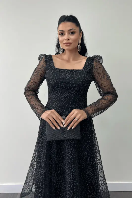 Tulli yaltiroq matoli kvadrat yoqali midi kechki libos - QORA-QORA - 3