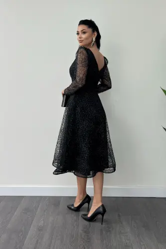 Tulli yaltiroq matoli kvadrat yoqali midi kechki libos - QORA-QORA - 5