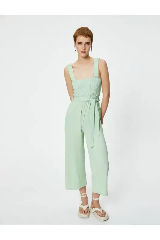 Tulum Qalin Askili Qisqa Toʻgʻri Keng Paça Kvadrat Yoqali Burmalangan - 3