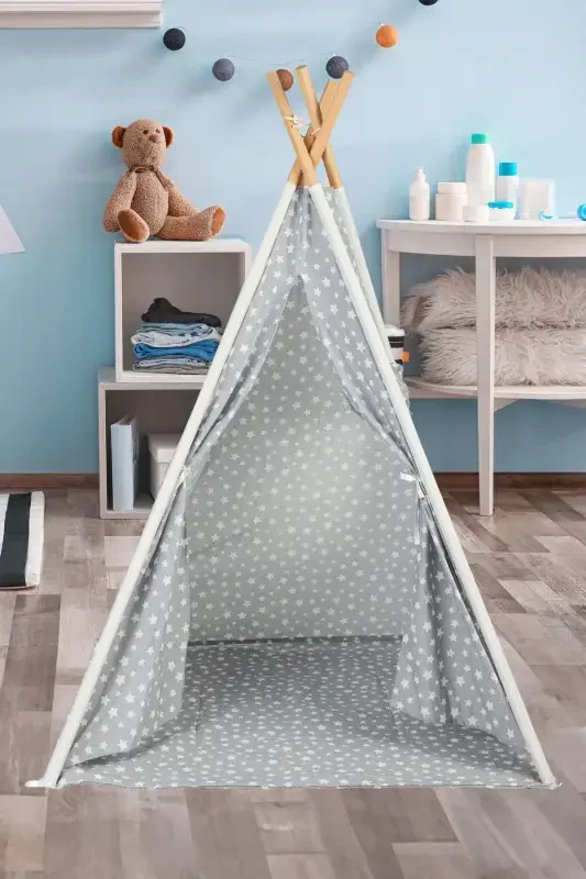 Tumble-Proof Cushioned Play Area Teepee Indian Wooden Pole Large Play Tent-GRAY - IRK LEMOON