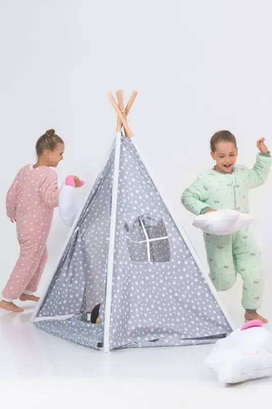 Tumble-Proof Cushioned Play Area Teepee Indian Wooden Pole Large Play Tent-GRAY - 2