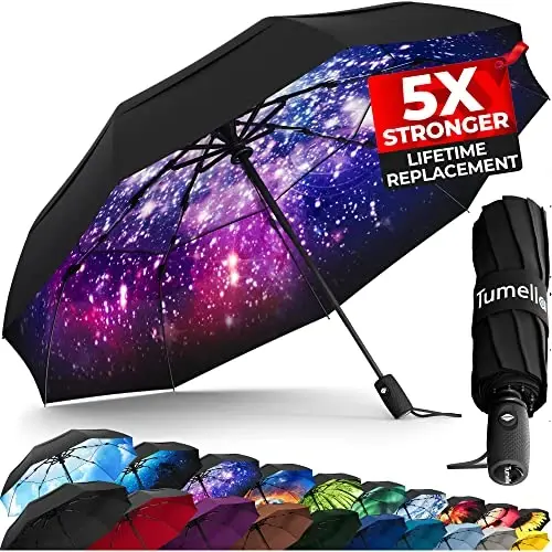 TUMELLA Strongest Windproof Travel Umbrella (Compact, Superior & Beautiful), Small Strong but Light Portable and Automatic Folding Rain Umbrella, Durable Premium Grip, Fits Car & Backpack - TUMELLA