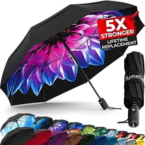 TUMELLA Strongest Windproof Travel Umbrella (Compact, Superior & Beautiful), Small Strong but Light Portable and Automatic Folding Rain Umbrella, Durable Premium Grip, Fits Car & Backpack 