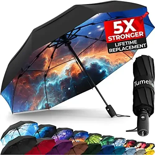 TUMELLA Strongest Windproof Travel Umbrella (Compact, Superior & Beautiful), Small Strong but Light Portable and Automatic Folding Rain Umbrella, Durable Premium Grip, Fits Car & Backpack - TUMELLA