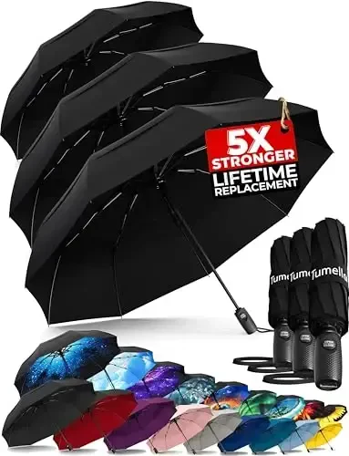TUMELLA Strongest Windproof Travel Umbrella (Compact, Superior & Beautiful), Small Strong but Light Portable and Automatic Folding Rain Umbrella, Durable Premium Grip, Fits Car & Backpack 