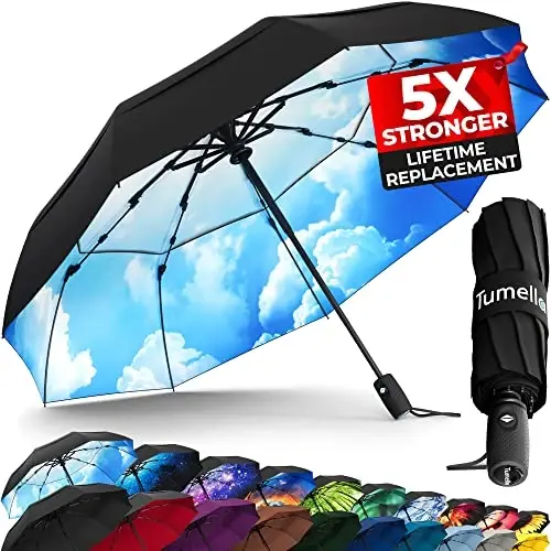 TUMELLA Strongest Windproof Travel Umbrella (Compact, Superior & Beautiful), Small Strong but Light Portable and Automatic Folding Rain Umbrella, Durable Premium Grip, Fits Car & Backpack - TUMELLA