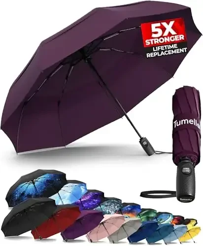 TUMELLA Strongest Windproof Travel Umbrella (Compact, Superior & Beautiful), Small Strong but Light Portable and Automatic Folding Rain Umbrella, Durable Premium Grip, Fits Car & Backpack 