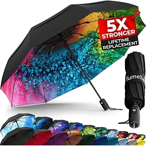 TUMELLA Strongest Windproof Travel Umbrella (Compact, Superior & Beautiful), Small Strong but Light Portable and Automatic Folding Rain Umbrella, Durable Premium Grip, Fits Car & Backpack - TUMELLA