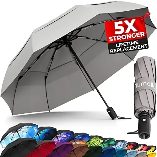 TUMELLA Strongest Windproof Travel Umbrella (Compact, Superior & Beautiful), Small Strong but Light Portable and Automatic Folding Rain Umbrella, Durable Premium Grip, Fits Car & Backpack - TUMELLA