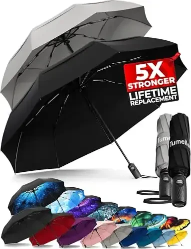 TUMELLA Strongest Windproof Travel Umbrella (Compact, Superior & Beautiful), Small Strong but Light Portable and Automatic Folding Rain Umbrella, Durable Premium Grip, Fits Car & Backpack - TUMELLA