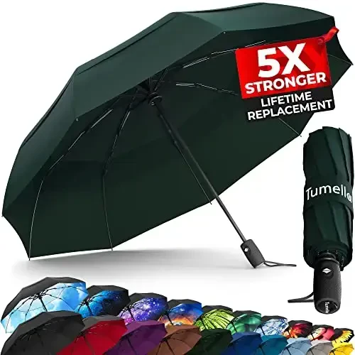 TUMELLA Strongest Windproof Travel Umbrella (Compact, Superior & Beautiful), Small Strong but Light Portable and Automatic Folding Rain Umbrella, Durable Premium Grip, Fits Car & Backpack 