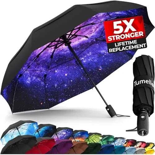TUMELLA Strongest Windproof Travel Umbrella (Compact, Superior & Beautiful), Small Strong but Light Portable and Automatic Folding Rain Umbrella, Durable Premium Grip, Fits Car & Backpack - TUMELLA