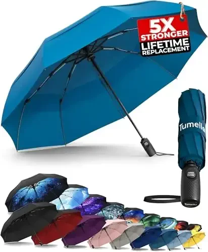 TUMELLA Strongest Windproof Travel Umbrella (Compact, Superior & Beautiful), Small Strong but Light Portable and Automatic Folding Rain Umbrella, Durable Premium Grip, Fits Car & Backpack 