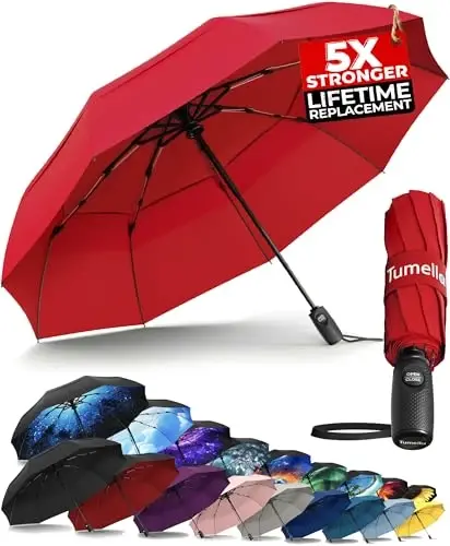 TUMELLA Strongest Windproof Travel Umbrella (Compact, Superior & Beautiful), Small Strong but Light Portable and Automatic Folding Rain Umbrella, Durable Premium Grip, Fits Car & Backpack - TUMELLA