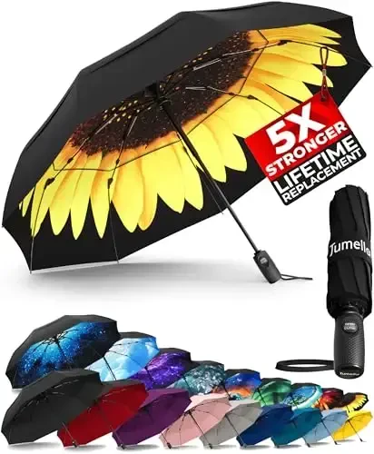 TUMELLA Kuchli Shamolga chidamli Sayohat Soyaboni (Ixcham, Yuqori sifatli va Go'zal), Kichik Kuchli, ammo Yengil Portativ va Avtomatik Yig'iladigan Yomg'ir Soyaboni, Bardoshli Premium Tutqich, Avtomobil va Ryukzakka mos keladi - 1