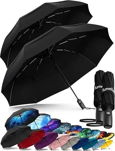 TUMELLA Strongest Windproof Travel Umbrella (Compact, 100MPH Wind-Tested), Light, Portable, One-Handed Use, Automatic Folding Rain Umbrella, Durable, Premium Grip, Fits Car & Backpack - TUMELLA