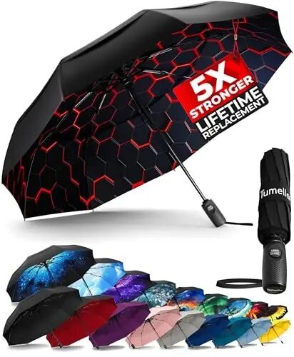 TUMELLA Strongest Windproof Travel Umbrella (Compact, 100MPH Wind-Tested), Light, Portable, One-Handed Use, Automatic Folding Rain Umbrella, Durable, Premium Grip, Fits Car & Backpack - TUMELLA