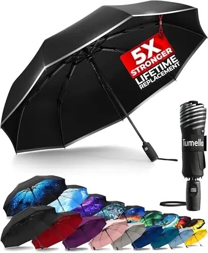 TUMELLA Strongest Windproof Travel Umbrella (Compact, 100MPH Wind-Tested), Light, Portable, One-Handed Use, Automatic Folding Rain Umbrella, Durable, Premium Grip, Fits Car & Backpack - TUMELLA