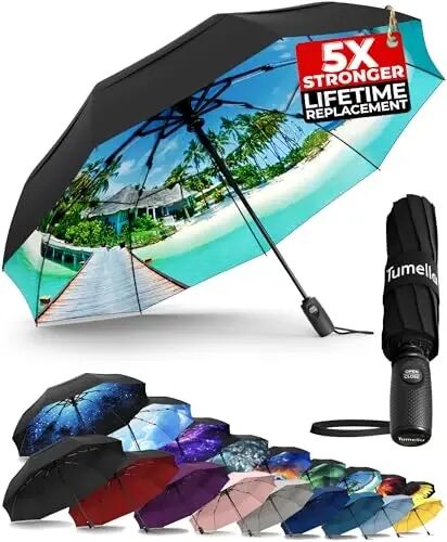 TUMELLA Strongest Windproof Travel Umbrella (Compact, 100MPH Wind-Tested), Light, Portable, One-Handed Use, Automatic Folding Rain Umbrella, Durable, Premium Grip, Fits Car & Backpack - TUMELLA