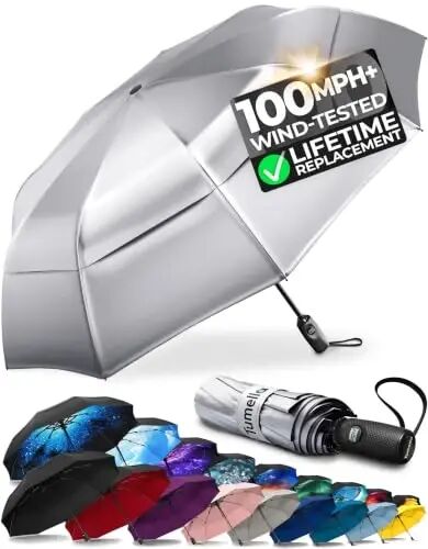 TUMELLA Strongest Windproof Travel Umbrella (Compact, 100MPH Wind-Tested), Light, Portable, One-Handed Use, Automatic Folding Rain Umbrella, Durable, Premium Grip, Fits Car & Backpack - TUMELLA