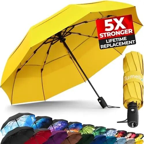 TUMELLA Strongest Windproof Travel Umbrella (Compact, 100MPH Wind-Tested), Light, Portable, One-Handed Use, Automatic Folding Rain Umbrella, Durable, Premium Grip, Fits Car & Backpack - TUMELLA