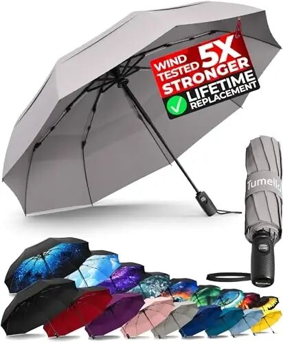 TUMELLA Strongest Windproof Travel Umbrella (Compact, 100MPH Wind-Tested), Light, Portable, One-Handed Use, Automatic Folding Rain Umbrella, Durable, Premium Grip, Fits Car & Backpack - TUMELLA