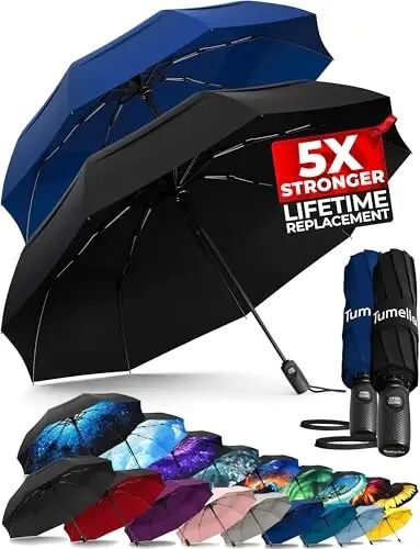 TUMELLA Strongest Windproof Travel Umbrella (Compact, 100MPH Wind-Tested), Light, Portable, One-Handed Use, Automatic Folding Rain Umbrella, Durable, Premium Grip, Fits Car & Backpack - TUMELLA