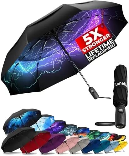 TUMELLA Strongest Windproof Travel Umbrella (Compact, 100MPH Wind-Tested), Light, Portable, One-Handed Use, Automatic Folding Rain Umbrella, Durable, Premium Grip, Fits Car & Backpack - TUMELLA