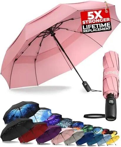TUMELLA Strongest Windproof Travel Umbrella (Compact, 100MPH Wind-Tested), Light, Portable, One-Handed Use, Automatic Folding Rain Umbrella, Durable, Premium Grip, Fits Car & Backpack - TUMELLA
